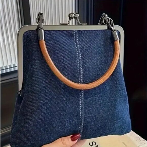 Y2K Retro Denim Kiss Lock Bag Vintage-Inspired Street Style Crossbody Purse - Picture 1 of 8
